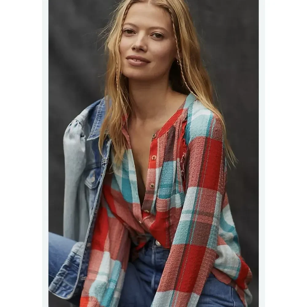 Anthropologie Pilcro Breezy Button down Plaid Blouse Women Medium Red Oversized - Picture 3 of 13
